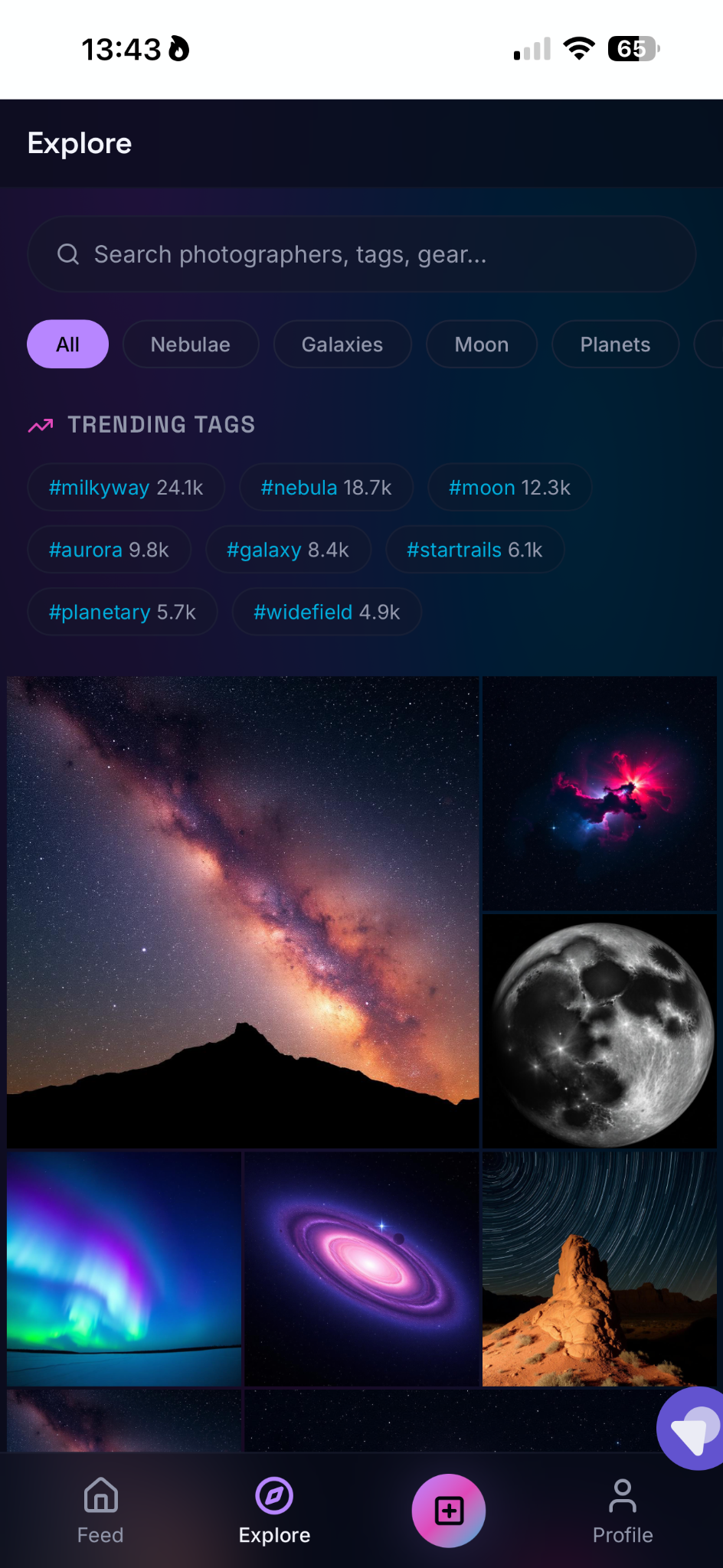 Nova Explore screen with astrophotography categories and trending tags
